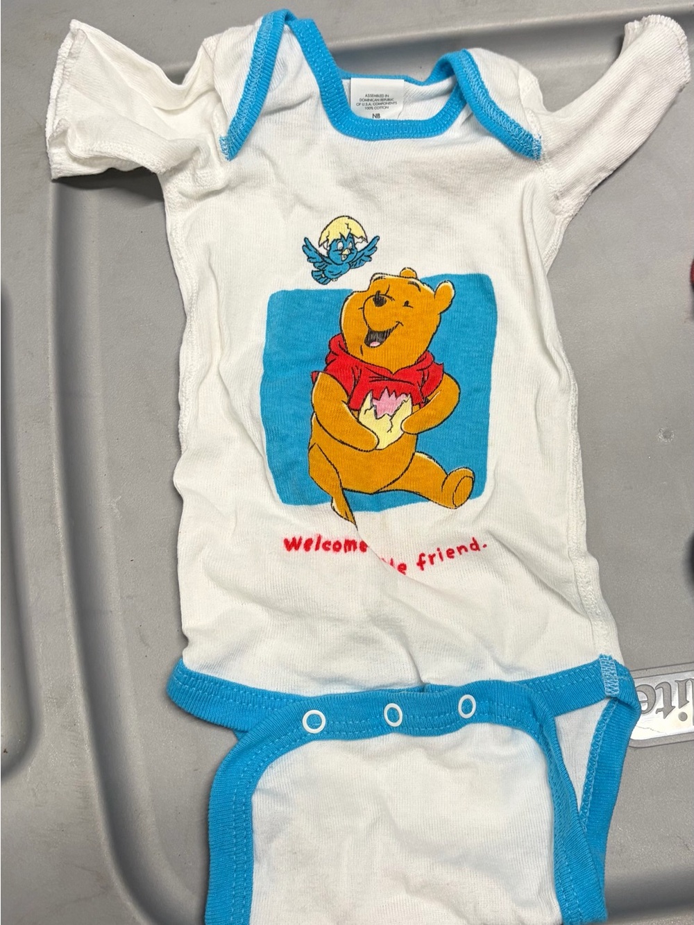 White & Blue Winnie-the-Pooh Baby One-Piece Bodysuit